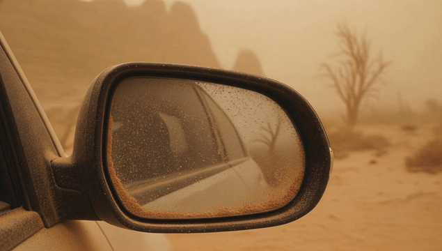 Car side mirror covered in desert dust