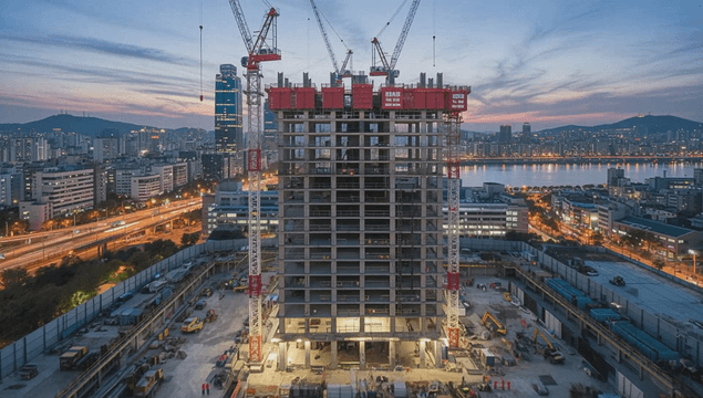 High-rise construction site near riverside at night