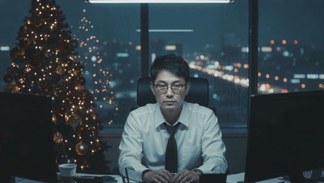 Office worker at night with Christmas tree