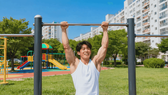 Man doing pull-ups in sunny apartment park