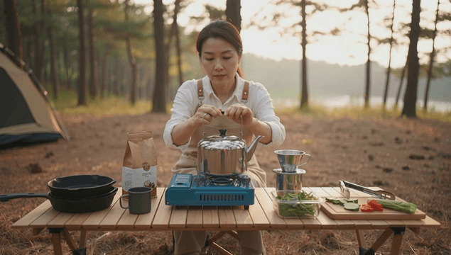Middle-aged woman preparing coffee while camping