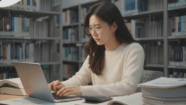 College woman studying with laptop in library