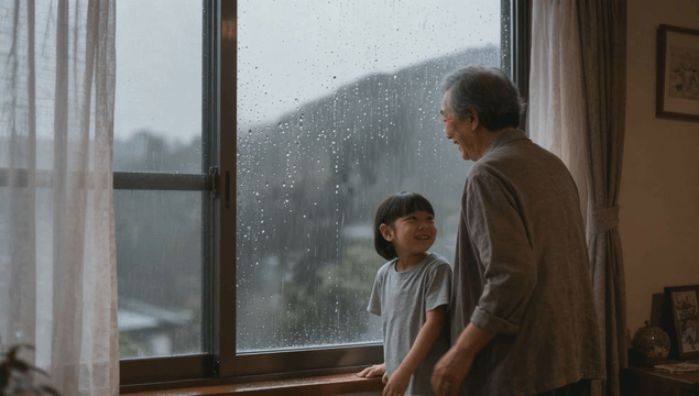Grandfather and granddaughter watching the rain