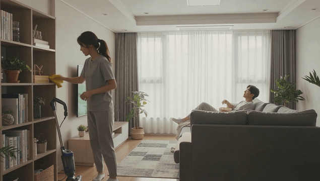 Husband watching TV and wife cleaning in cozy living room
