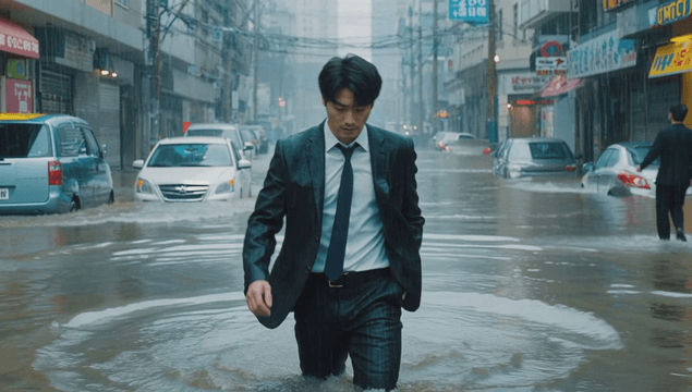 Man in suit walking on flooded road after heavy rain