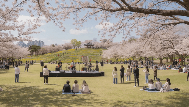 Park performance enjoyed on cherry-blossom lawn