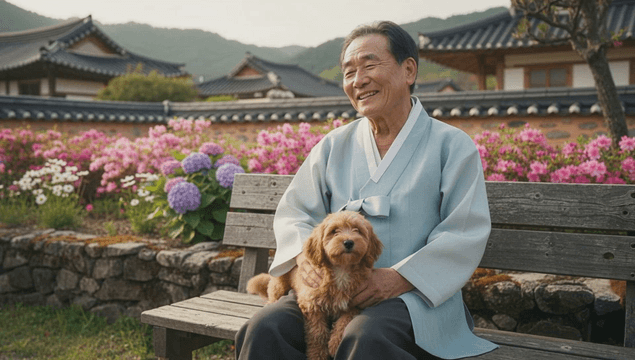 Old man in hanbok with dog