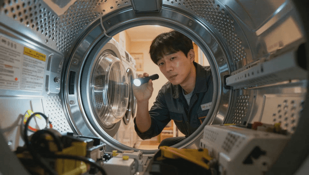 Technician inspecting washing machine
