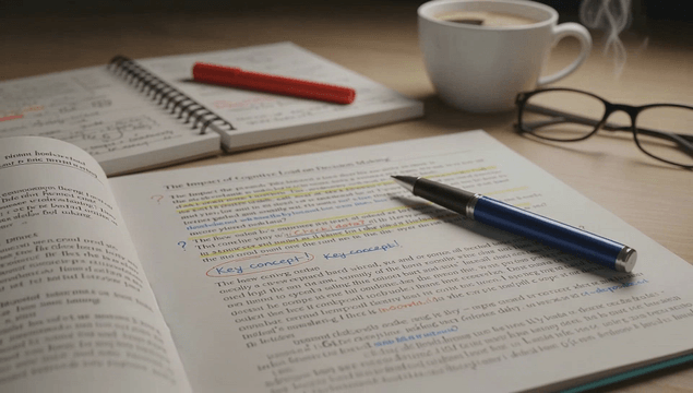 Highlighted notes and a cup of coffee