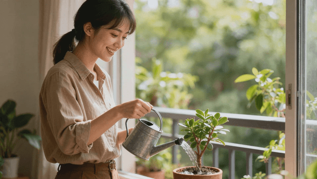 Young woman smiling while watering plants by window