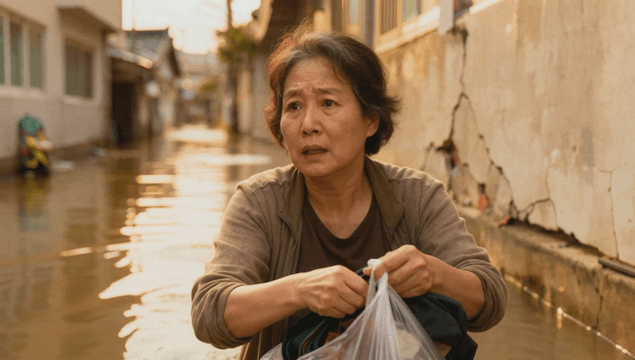 Old woman walking alone through flooded alley