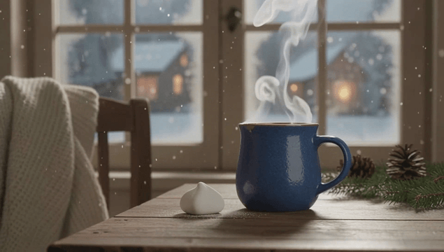 따뜻한 겨울 실내에서 김이 나는 머그잔