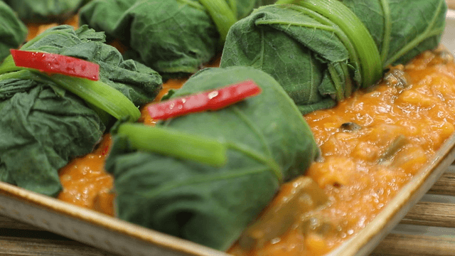 Pumpkin leaf wraps with rice in soybean paste sauce