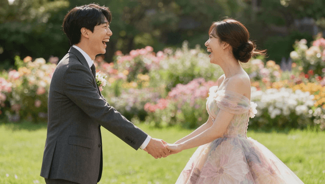 Groom and bride smiling in a colorful flower garden