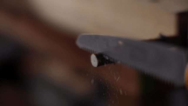 Saw cutting a small branch indoors