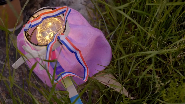 A glowing lantern in the grass