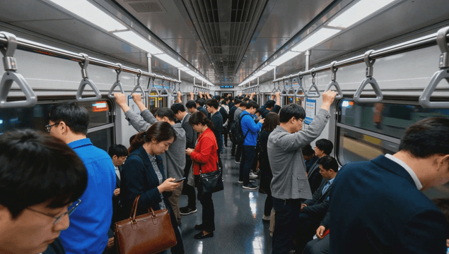 Subway with commuters using mobile phones