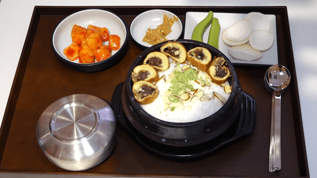 Bingsu with red bean and almond garnish