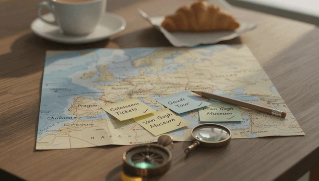 Map with European travel plan and croissant