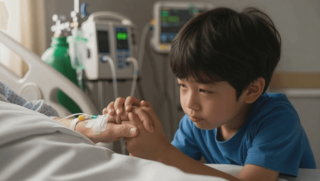 Child holding a patient's hand in hospital
