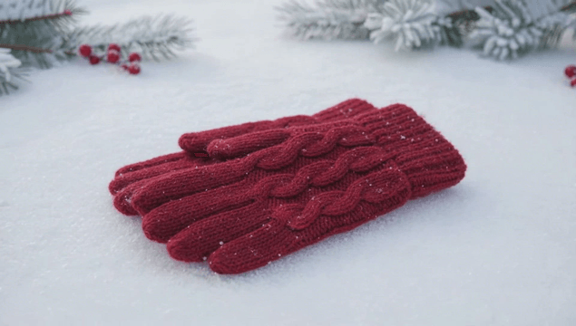 Red gloves on snow with pine branches