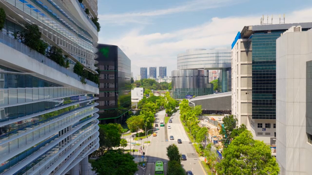 Modern cityscape with busy streets