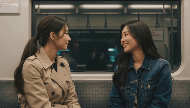 Two women smiling at each other in a subway