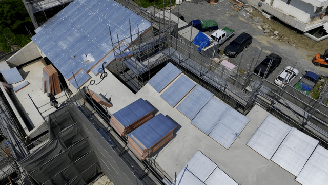 Construction site with scaffolding and materials
