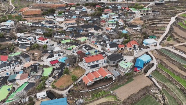 Colorful village with surrounding fields
