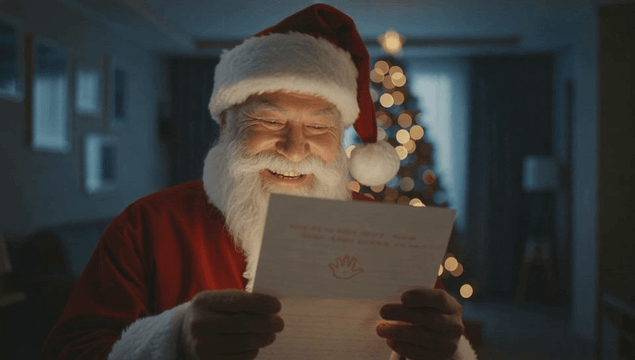 크리스마스 트리 옆에서 편지를 읽는 산타