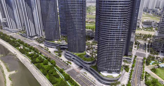 Modern skyscrapers and surrounding roads