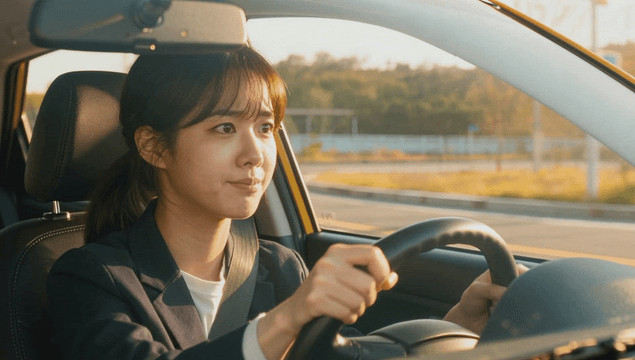 Young woman driving a car at sunset