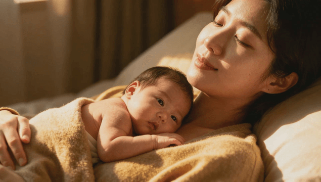 Mother peacefully resting with her baby on the bed