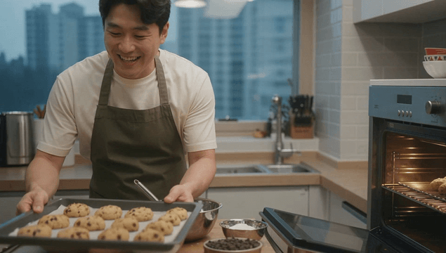 Man baking cookies in home kitchen