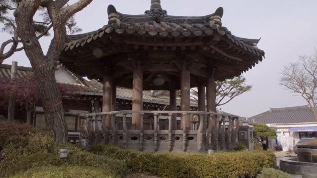 Traditional Korean pavilion in a serene garden