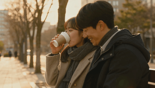 Couple sharing warm coffee on a sunny winter day