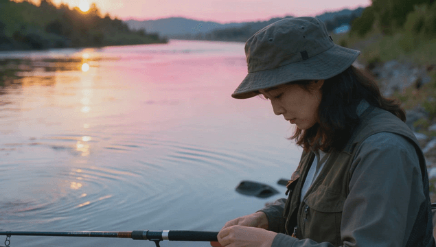Woman mending nets while fishing on a riverbank at sunset