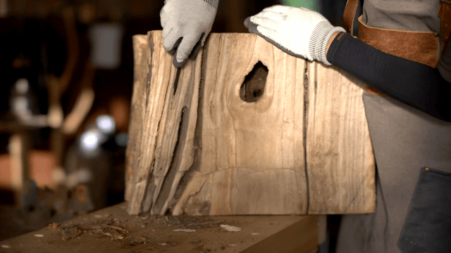 Woodworker carving grooves in log with an awl