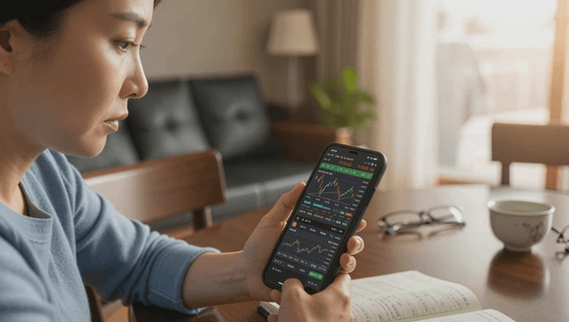 Middle-aged person checking stock chart on phone