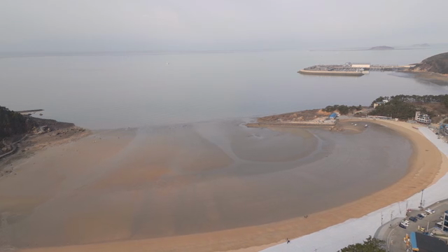 A serene beach with a distant pier