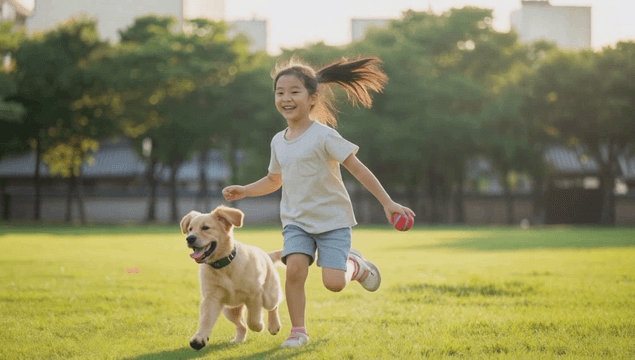 Girl playing with dog in park