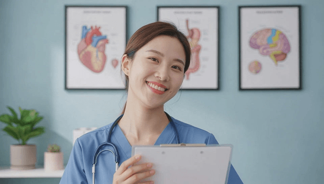 의료 차트를 들고 미소 짓는 간호사