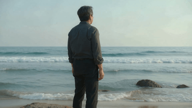 Old man reflecting by the seaside