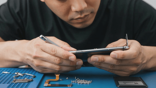 Man repairing smartphone with precision screwdriver