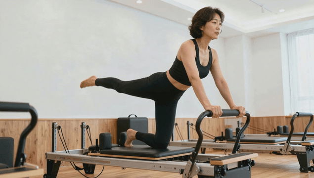 Middle-aged woman practicing Pilates on reformer