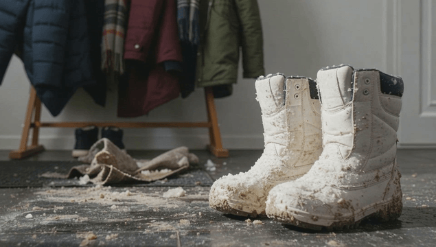 Snow covered winter boots on doorstep