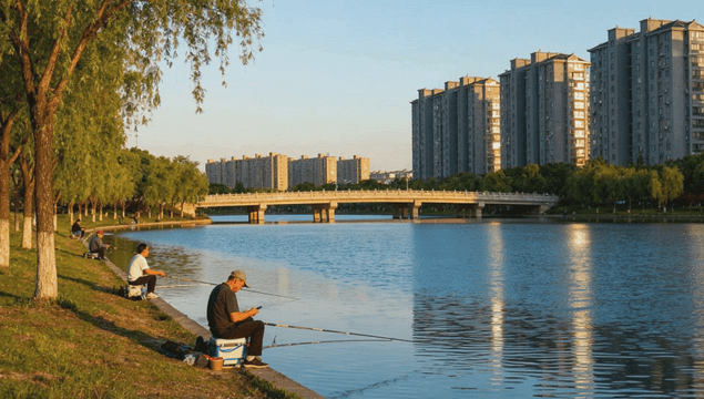 Fishing on an urban riverside