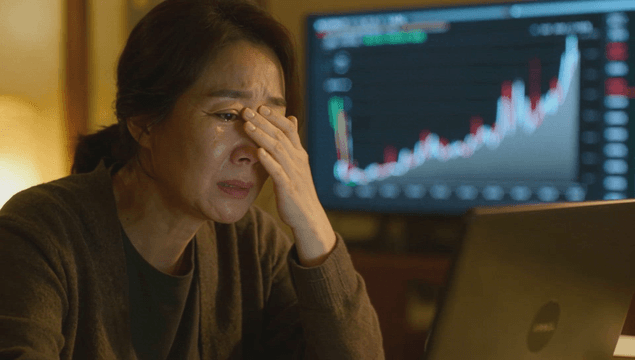 Crying while watching stock chart on laptop