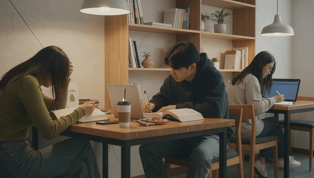 Students studying in a cozy cafe