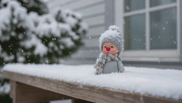 Doll with a red nose in the snow